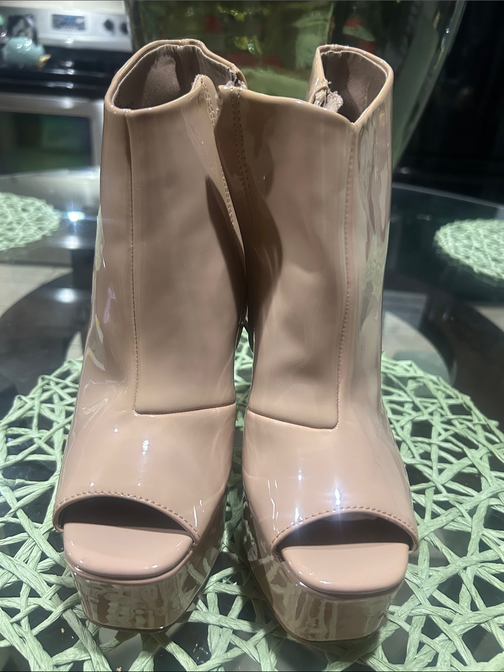 Steve Madden Nude Patent Peep-Toe Platform Booties